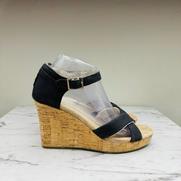 TOMS Clarissa Black Suede Leather Wedge Sandal Women’s Size 8.5 - Picture 4 of 10